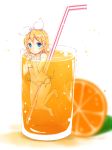  1girl barefoot bikini blonde_hair blue_eyes blush bow cup drinking_straw hair_bow hair_ornament hairclip highres in_container in_cup juice kagamine_rin looking_at_viewer loose_bikini minigirl natsu_(natume0504) orange_(fruit) orange_juice oversized_object partially_submerged short_hair side-tie_bikini solo striped striped_swimsuit swimsuit untied untied_bikini vocaloid 