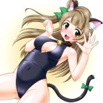  1girl animal_ears bell blush brown_eyes brown_hair cat_ears cat_tail jingle_bell long_hair love_live!_school_idol_project minami_kotori one-piece_swimsuit open_mouth swimsuit tail yukimura_hajime 