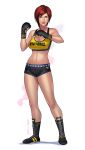  1girl boots boxing_gloves breasts cleavage cross-laced_footwear dead_or_alive dead_or_alive_5 full_body highres lace-up_boots midriff mila_(doa) navel pop-lee red_eyes redhead short_hair short_shorts shorts solo sports_bra standing sweat toned 