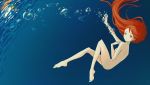  1girl air_bubble barefoot breath bubble freediving holding_breath long_hair looking_at_viewer nude original redhead swimming yellow_eyes 