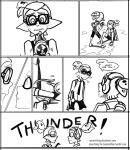  2boys comic domino_mask english glasses headphones inkling mask monochrome monster_boy multiple_boys pointy_ears splatoon tamarinfrog tentacle_hair weapon 