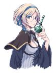  1girl :o alchemist_(granblue_fantasy) beaker blonde_hair blue_ribbon breasts brown_eyes capelet cleavage gb_hm gita_(granblue_fantasy) glasses granblue_fantasy hairband holding long_sleeves open_mouth ribbon round_glasses short_hair simple_background solo upper_body white_background wide_sleeves 