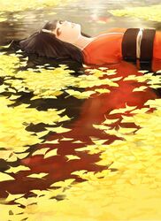  1girl absurdres black_hair highres horns in_water japanese_clothes kimono leaf looking_at_viewer lying on_back oni original parted_lips red_eyes romiy solo 