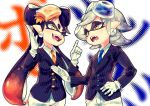  +_+ 2girls ;d absurdres aori_(splatoon) black_hair business_suit domino_mask earrings fangs food food_on_head gloves highres hotaru_(splatoon) jewelry manzai mask multiple_girls necktie object_on_head one_eye_closed open_mouth pinstripe_suit pointy_ears puchiman silver_hair smile splatoon symbol-shaped_pupils tentacle_hair white_gloves 