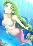  1girl collarbone diving fish ganbare_goemon green_eyes green_hair kanden_suki long_hair low-tied_long_hair mermaid monster_girl navel shell shell_bikini smile solo underwater very_long_hair yae_(ganbare_goemon) 