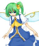  1girl :d ascot blue_eyes bow commentary_request daiyousei dress fairy_wings green_hair hair_bow hair_ribbon masa07240 open_mouth ribbon short_hair short_sleeves side_ponytail smile solo touhou white_background wings 