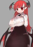  1girl amii blush breasts demon_wings eyebrows frown head_wings huge_breasts koakuma long_hair low_wings plump pointy_ears red_eyes redhead sketch solo thick_eyebrows touhou wavy_mouth wings 