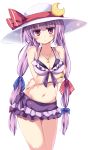  1girl alternate_hairstyle alternate_headwear bikini bikini_top blush bow bracelet breast_rest breasts crescent frilled_bikini frills hair_bow hair_ornament hat hat_ribbon highres jewelry long_hair looking_at_viewer low_twintails matsuri_uta midriff navel necklace panties patchouli_knowledge pink_eyes purple_bikini purple_hair ribbon simple_background solo swimsuit touhou twintails underwear white_background 