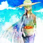  1boy basket closed_eyes hat kousetsu_samonji long_hair lowres male_focus saku_anna solo straw_hat tomato touken_ranbu very_long_hair 