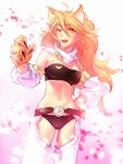  1girl absurdres akame_ga_kill! animal_ears bare_shoulders belt blonde_hair breasts cherry_blossoms claws cleavage detached_sleeves highres large_breasts leone long_hair midriff navel open_mouth paws scarf smile solo strapless tubetop white_background yellow_eyes 