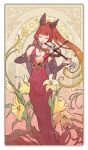 1girl animal_ears art_nouveau bangs blunt_bangs breasts bridal_gauntlets cape cat_ears cleavage dress flower gb_hm granblue_fantasy holding instrument leaf light_particles lily_(flower) lips long_hair mole mole_under_eye open_mouth playing_instrument ponytail red_dress redhead selfira solo standing violin 