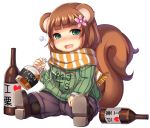  1girl alcohol animal_ears bangs boots bottle brown_hair flower green_eyes hair_flower hair_ornament highres kurito open_mouth peropero_saimin peroperoairu personification sake scarf solo squirrel_tail sweater tail 