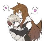 1boy 1girl age_difference animal_ears blue_eyes blush brown_hair detached_sleeves erubo fang fur_trim heart hitsuji_(erubo) hoodie horns hug husband_and_wife mary_(erubo) one_eye_closed open_mouth original sheep_boy sheep_horns simple_background smile spoken_heart tail white_background wolf_ears wolf_girl wolf_tail 