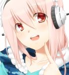  1girl blush collarbone commentary_request headphones highres kyo long_hair looking_at_viewer nitroplus open_mouth pink_hair red_eyes smile solo super_sonico 