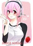  1girl blush breasts commentary_request food fruit headphones large_breasts long_hair looking_at_viewer nitroplus pink_eyes pink_hair sketch smile solo strawberry super_sonico v yu_ni 