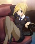  1girl aocchi bench blonde_hair blue_eyes commentary_request female high_heels leaning_back looking_at_viewer military military_uniform necktie panties pantyhose pantyshot pantyshot_(sitting) peropero_saimin shadow sitting solo thigh-highs underwear uniform 