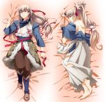  1boy barefoot bed_sheet dakimakura fire_emblem fire_emblem_if fuzuki_yuu grey_hair long_hair open_mouth ponytail red_eyes solo takumi_(fire_emblem_if) 