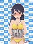  1girl 4suke ahoge bangs bare_shoulders bikini black_hair blush breast_rest breasts brown_eyes cleavage cowboy_shot holding kantai_collection large_breasts long_hair looking_at_viewer open_mouth outline side-tie_bikini smile solo swimsuit turret twitter_username ushio_(kantai_collection) yellow_bikini 