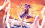  1girl amamitsu_kousuke arm_behind_back barefoot blue_dress blue_eyes blue_hair cirno dress dutch_angle full_body hair_ornament hair_ribbon ice ice_wings leg_up looking_down puffy_sleeves ribbon short_hair short_sleeves sky smile solo standing_on_one_leg touhou upskirt water wings 