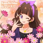  1girl amanogawa_kirara bow brown_hair character_name earrings flower go!_princess_precure hair_bow hairband happy_birthday heart heart_background jewelry long_hair masako_(sabotage-mode) necklace one_eye_closed orange_background precure purple_bow smile solo star star_earrings twintails violet_eyes 