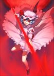  1girl bat_wings blue_hair fang full_body hat hat_ribbon kaiza_(rider000) long_sleeves looking_at_viewer mob_cap moon open_mouth puffy_sleeves red_background red_eyes red_moon remilia_scarlet ribbon sash shirt shoes short_hair skirt skirt_set slit_pupils smile solo spear_the_gungnir touhou upskirt wings 