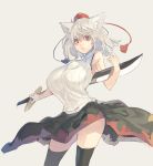  1girl adapted_costume animal_ears bare_arms bare_shoulders black_legwear breasts hat hat_ribbon highres huge_breasts inubashiri_momiji looking_at_viewer muneneko parted_lips red_eyes ribbon shirt silver_hair skirt sleeveless sleeveless_shirt solo sword tail thigh-highs thighs tokin_hat touhou turtleneck weapon wind_lift wolf_ears wolf_tail zettai_ryouiki 