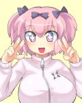  +_+ 1girl blush bow breasts commentary_request hair_bow hibari_(senran_kagura) large_breasts looking_at_viewer open_mouth pink_eyes pink_hair senran_kagura senran_kagura_(series) short_hair short_twintails smile solo symbol-shaped_pupils track_jacket twintails v w yusa_(be2001) 