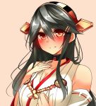  1girl bare_shoulders black_hair blush breasts brown_eyes brown_hair choker cleavage clenched_hand collarbone detached_sleeves hair_ornament hairband hairclip hand_on_own_chest haruna_(kantai_collection) headgear kantai_collection large_breasts light_smile long_hair looking_at_viewer nontraditional_miko open_mouth pink_background ribbon-trimmed_sleeves ribbon_trim simple_background smile solo tsukui_kachou upper_body 
