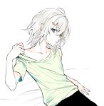  1boy ahoge androgynous erubo green_shirt hair_ornament hairclip looking_at_viewer original shirt shirt_pull short_hair silver_hair solo white_hair 