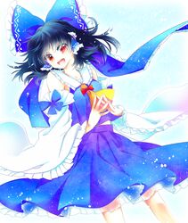  1girl :d alternate_color ascot black_hair blue_bow blue_skirt bow detached_sleeves fingers_together frilled_sleeves frills hair_bow hair_tubes hakurei_reimu half_updo muzuki_uruu open_mouth player_2 red_eyes see-through short_hair skirt skirt_set smile solo touhou wide_sleeves 