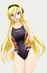  1girl :d blonde_hair blue_eyes clenched_hands competition_swimsuit covered_navel female fuuma_nagi hair_between_eyes hairband headphones lily_(vocaloid) long_hair one-piece_swimsuit open_mouth smile speedo_(company) swimsuit vocaloid 