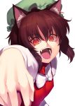  1girl animal_ears bowtie brown_hair cat_ears chen fangs hat jewelry kaiza_(rider000) long_sleeves looking_at_viewer mob_cap open_mouth orange_eyes shirt short_hair simple_background single_earring slit_pupils smile solo touhou upper_body vest white_background 