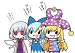  3girls atai blonde_hair blue_hair bow check_translation chibi cirno clownpiece commentary_request hair_bow hat jester_cap jitome kiira kishin_sagume multiple_girls pantyhose red_eyes silver_hair single_wing solid_oval_eyes touhou translation_request triangle_mouth white_hair wings 
