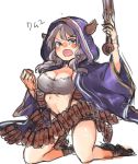  &gt;:o 1girl :o ammunition_belt bangs blush breasts brown_eyes character_name cleavage granblue_fantasy grey_hair gun handgun holding holding_gun holding_weapon hood horns kino_(a_kino) kneeling kumuyu large_breasts long_hair long_sleeves looking_at_viewer low_twintails navel open_mouth revolver simple_background solo strapless tears trigger_discipline tubetop twintails weapon white_background wide_sleeves 