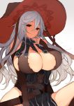  1girl breasts cleavage dress finger_to_mouth granblue_fantasy hat huge_breasts k_(li) long_hair magisa_(granblue_fantasy) silver_hair smile witch_hat 