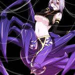  1girl arachne black_background breasts carapace claws detached_sleeves extra_eyes ice_(aitsugai) insect_girl lavender_hair monster_girl monster_musume_no_iru_nichijou multiple_legs navel pelvic_curtain rachnera_arachnera red_eyes silk simple_background solo spider_girl spider_web under_boob 
