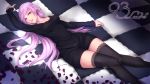  1girl black_legwear character_name checkered din_(raiden) earrings jewelry lace lace-trimmed_thighhighs long_hair lying megurine_luka on_back open_mouth petals pink_eyes pink_hair solo thigh-highs vocaloid zettai_ryouiki 