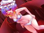  1girl bat_wings blonde_hair blue_hair bow bow_panties bra collarbone curtains fang gradient_eyes gradient_hair hat hat_bow hips indoors looking_at_viewer mob_cap multicolored_eyes multicolored_hair navel open_mouth panties perspective purple_hair red_eyes redhead remilia_scarlet slit_pupils small_breasts solo stomach tenneko_yuuri thighs tongue touhou underwear underwear_only violet_eyes white_bra white_panties wings yellow_eyes 