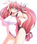  1girl armpits arms_up breasts competition_swimsuit covered_navel glasses large_breasts log-mi_(tonpuu) long_hair one-piece_swimsuit original pink_hair shadow simple_background smile solo swimsuit thighs tonpuu very_long_hair violet_eyes white_background 