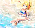  1girl ankle_lace-up arm_support ayase_eli barefoot beach bikini blonde_hair blue_eyes blush bracelet breasts cleavage collarbone cross-laced_footwear flower hair_flower hair_ornament jewelry legs long_hair love_live!_school_idol_project navel partially_submerged sitting smile solo swimsuit trianon water 
