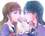  2girls amanogawa_kirara blue_eyes blue_hair braid brown_hair doughnut food go!_princess_precure hairband kaidou_minami long_hair multiple_girls negom precure school_uniform sharing_food single_braid violet_eyes yuri 