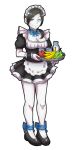  1girl akairiot alternate_costume apple apron banana black_hair bottle cup enmaided food fruit grapes grey_eyes highres maid maid_apron milk plate ponytail ribbon solo transparent_background white_skin wii_fit wii_fit_trainer 