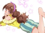  1girl alternate_eye_color amanogawa_kirara barefoot blush bow brown_eyes brown_hair earrings go!_princess_precure grin hair_bow hairband highres jewelry long_hair looking_at_viewer looking_back lying on_stomach precure sharumon shirt shorts smile solo star star_earrings twintails violet_eyes white_background yellow_shirt 
