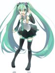  1girl boots detached_sleeves green_eyes green_hair hand_on_headphones hatsune_miku headphones headset highres long_hair necktie open_mouth simple_background skirt solo thigh-highs thigh_boots twintails very_long_hair vocaloid white_background 