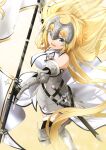  1girl absurdres armor armored_dress azami_masurao bangs bare_shoulders blonde_hair breasts chain dress fate/apocrypha fate/grand_order fate_(series) flag highres holding holding_flag holding_weapon jeanne_d&#039;arc_(fate) jeanne_d&#039;arc_(fate)_(all) long_hair looking_at_viewer looking_up open_mouth solo standing standing_on_one_leg sword thigh-highs very_long_hair weapon white_dress yellow_eyes 