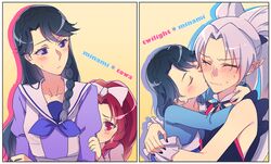  2girls akagi_towa blue_eyes blue_hair blush bow braid character_name closed_eyes go!_princess_precure hair_bow hug kaidou_minami kiss long_hair multiple_girls negom pointy_ears precure red_eyes redhead school_uniform short_hair silver_hair single_braid time_paradox twilight_(go!_princess_precure) younger 