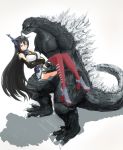  1girl carrying commentary_request crossover godzilla godzilla_(series) highres kantai_collection long_hair nagato_(kantai_collection) okamura_(pixiv22341) princess_carry tagme trait_connection very_long_hair 
