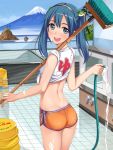  1girl ass bath blue_hair blush breasts broom bucket cleaning from_behind grey_eyes hisho_collection hose looking_at_viewer looking_back midriff open_mouth public_bath shirt short_shorts shorts smile soap_bubbles solo tied_shirt twintails water yokaze_japan 