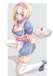  1girl :p alice_margatroid blonde_hair blue_eyes breasts cake cleavage food hairband highres kneeling looking_at_viewer poini_(king-scarlet-dead) short_hair solo thigh-highs tongue tongue_out touhou white_legwear 
