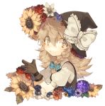  1girl black_gloves blonde_hair bow braid cats_brain flower gloves hair_bow hair_ornament hands_together hat hat_flower hat_ribbon kirisame_marisa long_hair looking_at_viewer puffy_sleeves ribbon rose shirt short_sleeves side_braid simple_background single_braid solo sunflower touhou upper_body vest white_background witch_hat yellow_eyes 